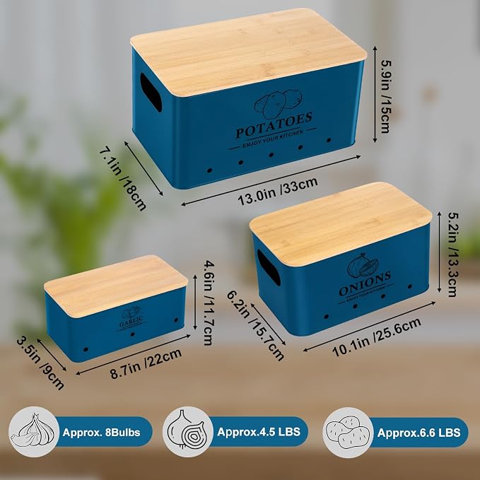 Kitchen Vegetable Storage Set of 3, Metal Onion Garlic Potato Storage Set, Kitchen Canisters Vegetable Keeper Containers with Aerating Holes and Wooden Lid (Dark Blue)