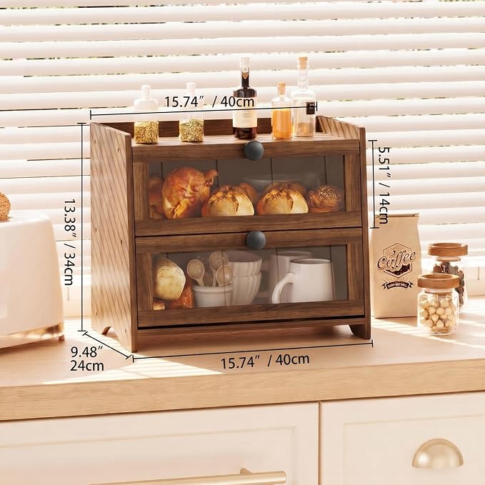 BAMBANG Bread Box for Kitchen Countertop, Extra Large Bamboo Bread Storage Container for Homemade Bread, Double Layer Sourdough Breadox, Bread Bin Organizer for Counter Cabinet Pantry, Amber