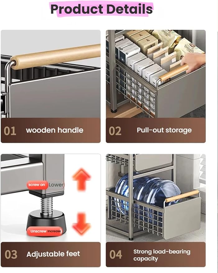 Pull Out Shelf Kitchen Storage Drawer- Slide Out Drawers for Kitchen Cabinets No Drill Shelves(Gold,40x28x39 cm)