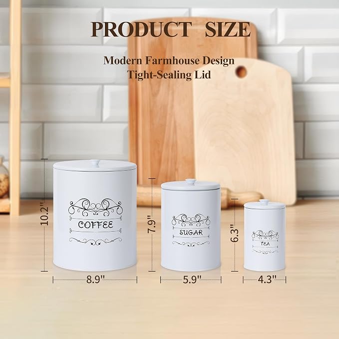 Kitchen Canisters Set of 3, Food Storage Containers for Countertop, Large Airtight Coffee Sugar Tea Containers with Lids, White Farmhouse Decor