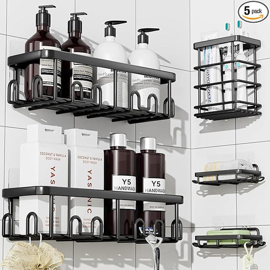 YASONIC Shower Caddy Adhesive, 100% Rustproof Shower Organizer with Soap and Toothbrush Holder, Large Capacity Shower Shelves for Inside Shower, No Drill Shower Storage for Home (5 Pack Black)