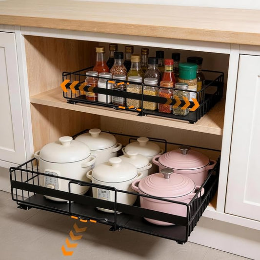 2 Pack Expandable Pull out Cabinet Organizer, Width (13"-21") Pull Out Drawers for Cabinets, Full Extension Upgrade 3 Slide Rails Slide Out Drawers, No Drill Adjustable Roll Out Shelves (Black)