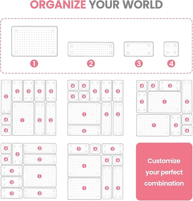 HOUSE DAY Makeup Drawer Organizer Trays 24 PCS, 4-Size Clear Drawer Organizers with Silicone Pads, Vanity Organizers and Storage, Non Slip Plastic Drawer Organizer for Desk, Bathroom, Kitchen, Office