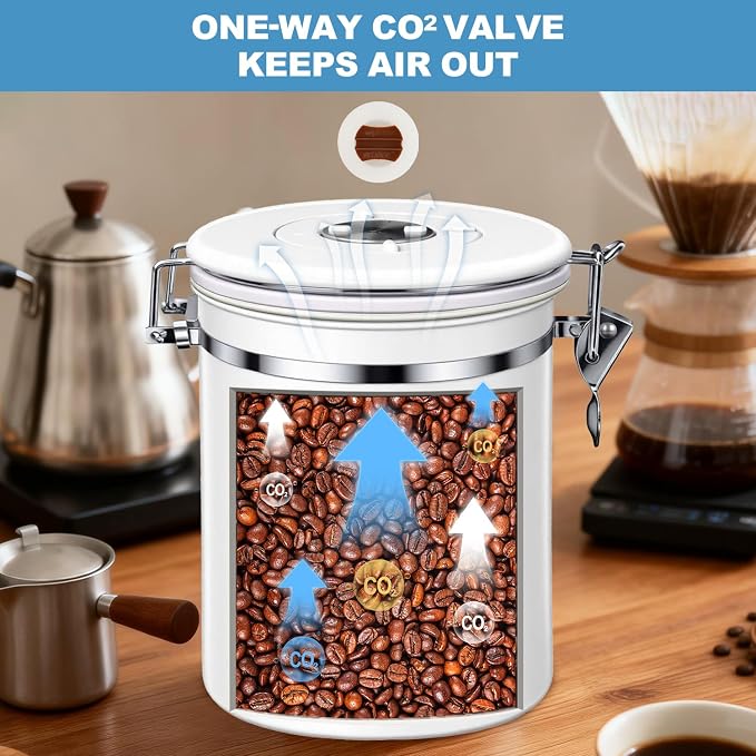 ShanSon Coffee Canister Airtight, Stainless Steel Bean Storage Container with Date Tracker & Scoop, Grounds Sugar Flour Tea Cereal Fits Kitchen Pantry, Ideal Gift for Coffee Lovers,12oz, White