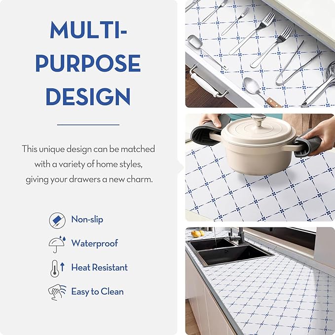 Drawer Shelf and Cabinet Liner, Thick Strong Grip,Shelf Liners Non-Adhesive Liners Protect Kitchen Cabinets and Cupboard, Bathroom Drawers,Under Sink Mat, 23.6IN X 10FT, Blue Stripe
