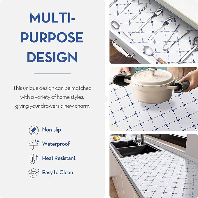 Drawer Shelf and Cabinet Liner, Thick Strong Grip,Shelf Liners Non-Adhesive Liners Protect Kitchen Cabinets and Cupboard, Bathroom Drawers,Under Sink Mat, 17.5IN X 30FT, Blue Stripe