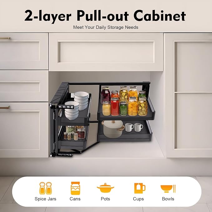 2-Tier Stainless Steel Pull out Organizer, Ideal Slide out Spice Rack for Cabinet, Blind Corner Cabinet with 4 Baskets (Pull-Out)