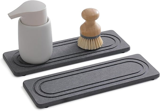 2PCS Water Absorbing Stone Tray for Sink, Quick Drying Diatomite Bathroom Tray Countertop, Stone Drying Mat for Kitchen Counter Faucet, Soap Dish Dispenser Vanity Organizer, Dark Gray-11.8" x 4"