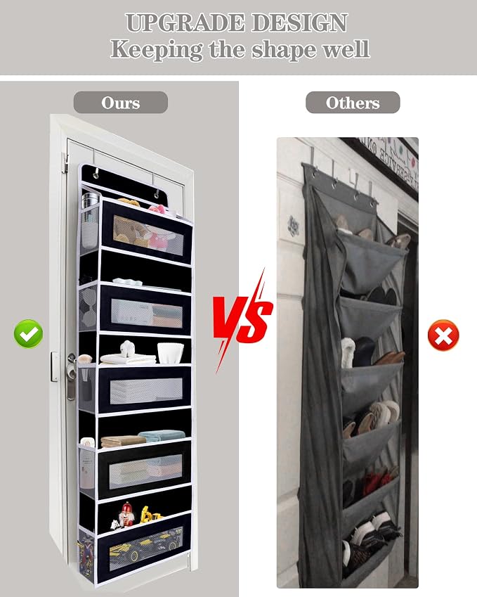 Over The Door Organizer, Reinforced Composite Fabric with Reinforced Stitching and Anti-Sag Structure, 44LB Capacity, 5 Large Pockets & 10 Mesh Pockets for Bathroom, Nursery & Laundry Room (Black)