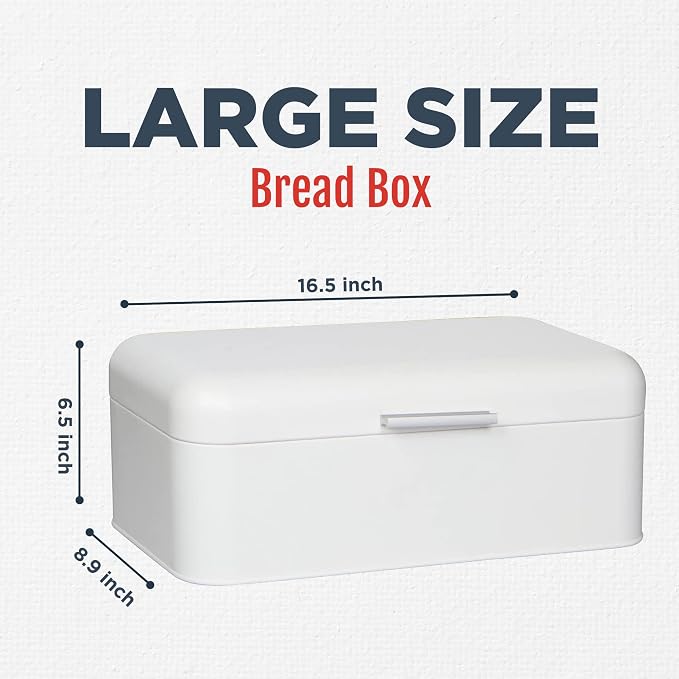 Culinary Couture Extra Large White Bread Box for Kitchen Countertop - Holds 2 Loaves - 16.5" x 9" x 6.5" - Stainless Steel Vintage Bread Boxes for Kitchen Counters