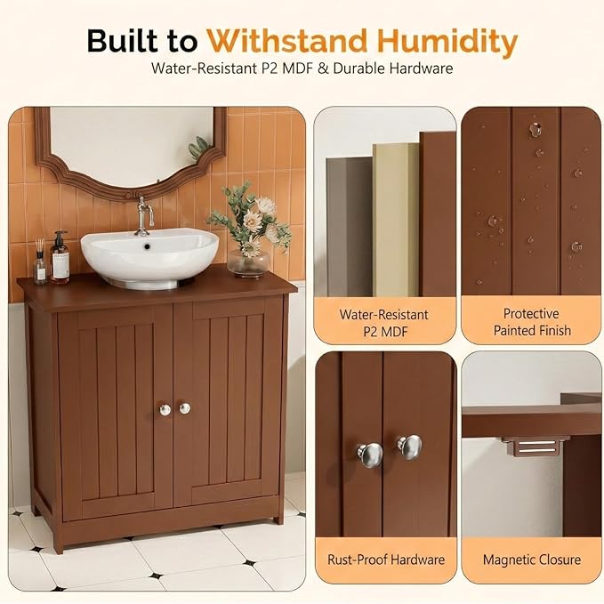 Bonnlo Pedestal Sink Storage Cabinet, 24" Espresso Under Sink Bathroom Storage Cabinet with 2 Doors and Adjustable Shelf, Traditional Bathroom Space Saver Organizer for Small Spaces, Water-Resistant