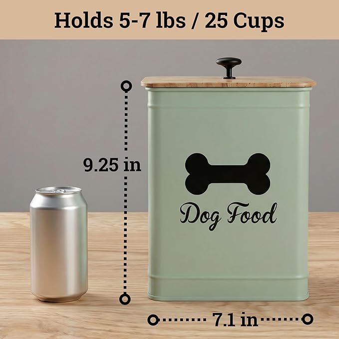 Dog Food Container Airtight 5-7 lb (25 Cup) Capacity - Cute Airtight Dog Food Storage Container with Bamboo Lid & Sturdy Metal Handle - Green Metal Kibble Storage Bin for Dogs up to 50 lbs - Pet Jar