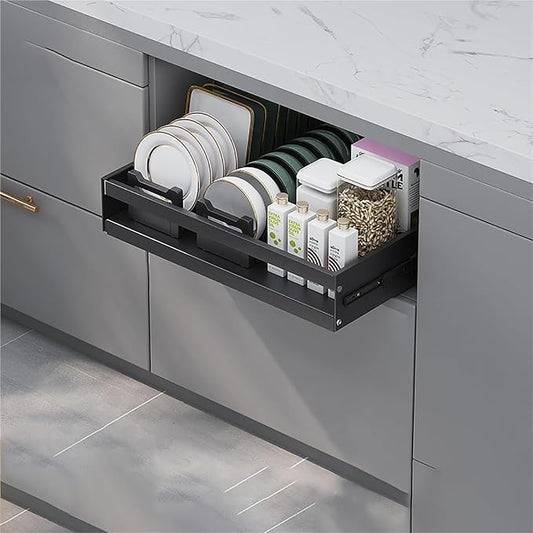 Pull out Cabinet Organizer,Under Sink Organizer, Roll out Storage Shelf Storage for Pantry,Extendable Drawer For Kitchen Storage,No Need Drill and Nailing,for Kitchen, Living Room, Home.(Black,ONE-32*