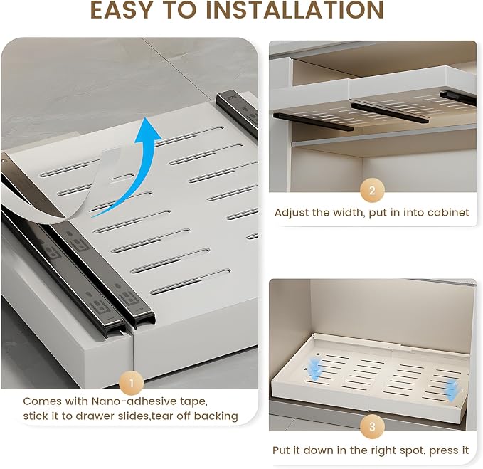 1Pack Expandable Pull Out Drawers for Cabinets 21” Deep, Adjustable Width 12.6" - 20.5" Pull Out Cabinet Organizer, Slide Out Drawers for Kitchen Cabinets, Pull Out Shelves Adhesive with Nano Tape