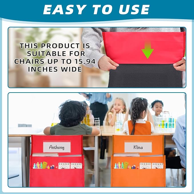 12 Pcs Classroom Chair Pockets, 15.9 x14.8 inch Chair Pockets for Classroom, 6 Bright Color Seat Sacks for Classroom Chairs, Buddy Pocket, Chart Seat Back Organizer with Name Tag