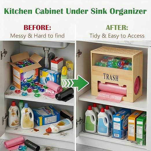 2-in-1 Trash Bag Dispenser & Dishwasher Laundry Pods Container, Large Wooden Trash Bag Holder with Magnetic Flip Lids, Garbage Bag Dispenser for Kitchen Pantry Laundry Room Under Sink Organizer