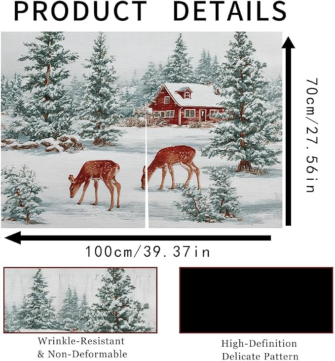 Self Adhesive Forest Deer & Red Cabin Cabinet Curtain for Mother's Day, 39x28 Inch Nature Scenery Under Sink Skirt No Drill, Spring Cleaning Kitchen Decor, Hook and Loop Laundry Valance