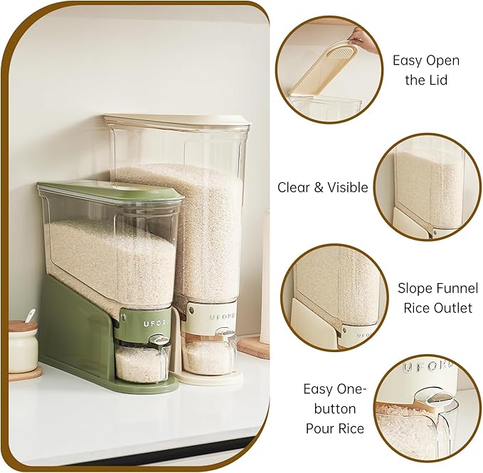 UFORU Rice Dispenser 22Lbs, Slim Rice Storage Container for Small Space, BPA-Free Clear Dry Food Dispenser Sealed Moisture Proof, Grain&Cereal Storage Bucket for Kitchen Pantry Household, Cream White