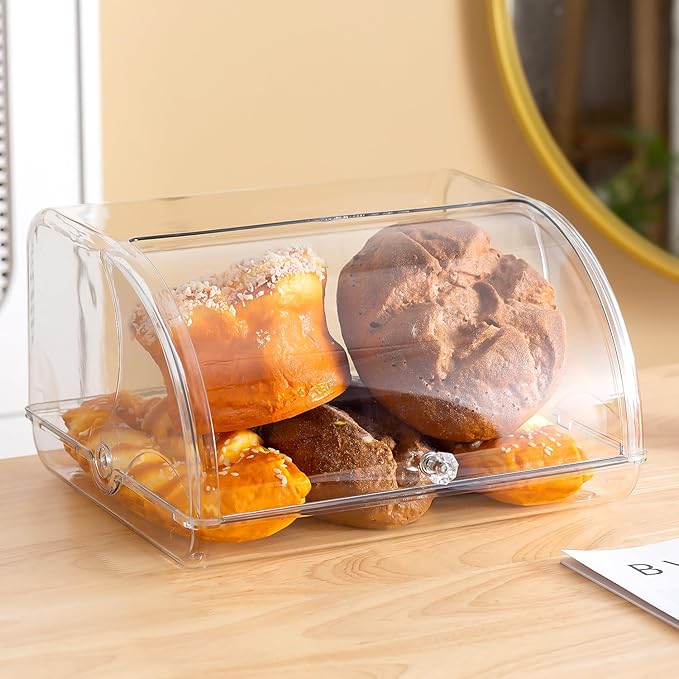 Gagee Bread Box for Kitchen Countertop,Acrylic Bread Storage Container for Homemade Bread,Cookies, Bagels, Muffins, Bread Holder with Roll Top Lid,Clear