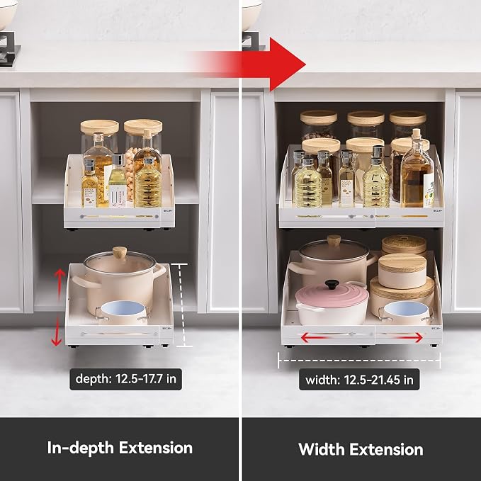Cabinet Organizer - Zero-Drill Installation, 4-Way Expansion, Modern Design for Kitchen & Pantry Depth (12.5"-17.7") & Width (12.5"-21.45")