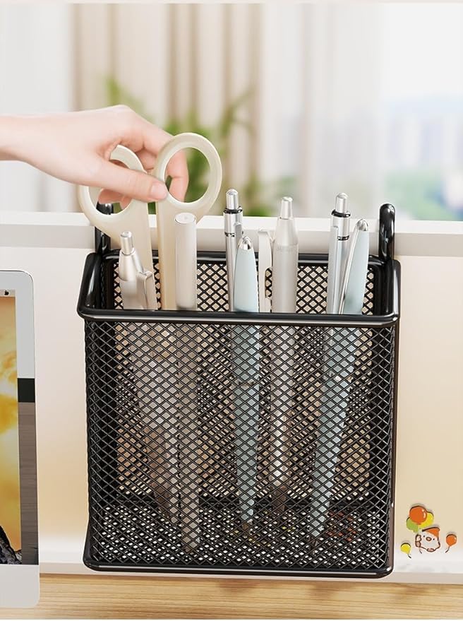 Hanging Pen Holder with Hook Storage Box - Wall-Mountable Desk Organizer for Office Desktop, Partition Screen, Workstation & Bedroom Side Storage (white)