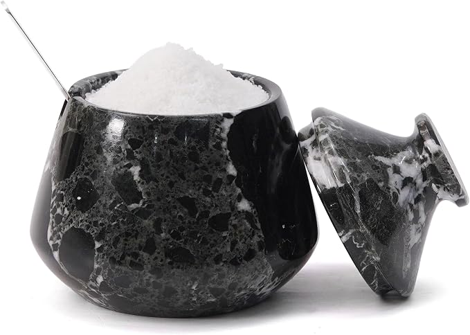 Marble Salt Cellar with Lid & Spoon, Black, 3" Salt Box Natural Stone Salt Holder For Countertop Salt Dish Spice Jar Seasoning Storage Containers for Kitchen Table Decor