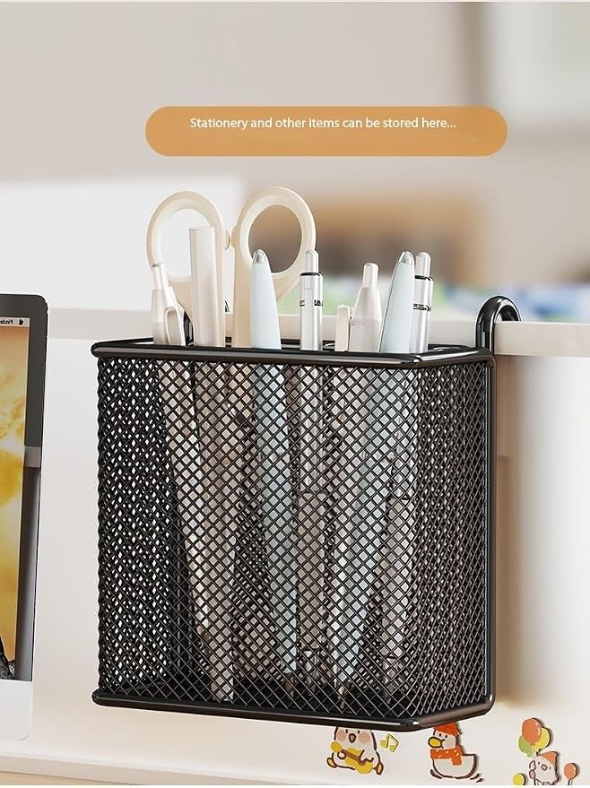 Hanging Pen Holder with Hook Storage Box - Wall-Mountable Desk Organizer for Office Desktop, Partition Screen, Workstation & Bedroom Side Storage (white)