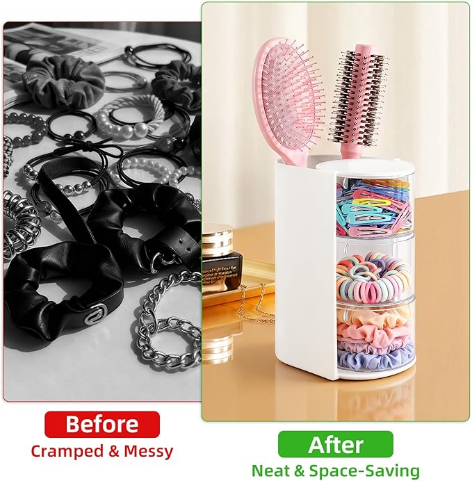 neotidy Hair Accessories Organizer with Hair Brush Holder, Rotating Hair Tie Product Organizer for Girls, 3-Tier Makeup Brush Holder for Clips, Bows & Brushes (White, 3-Tier)