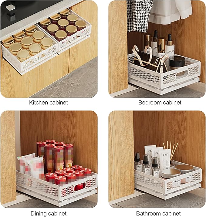 Pull out Cabinet Rack Organizers, No-Drill Slide Organizer Under Sink Organizer, Strong & Sturdy Expandable Cabinet Drawers, For Kitchen, Bathroom, Pantry(D,11.8*9.4*8.3inch/30*24*21.2cm)