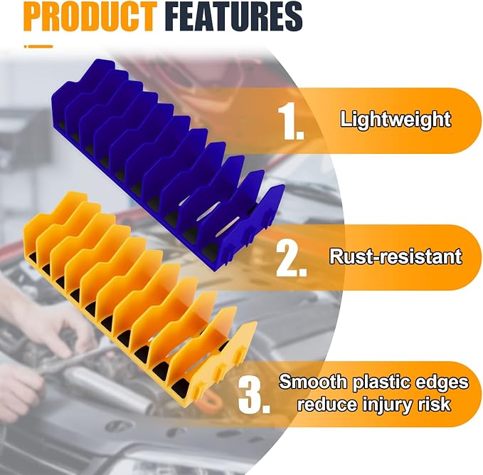 2PCS Plier Organizer Rack, 10-Slot Pliers Cutters Holder with Non-Slip Rubber Base, Extendable ToolBox Drawer Storage Accessory, Fits 3" H Tools, Pliers, Screwdrivers, Wrenches (Blue/Yellow)