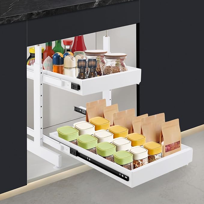 2-Tier Pull Out Cabinet Organizer, Slide Out Drawers with 2 Guide Rails, No Drill Pull Out Drawers Cabinets Shelves for Home Kitchen Pantry (White)