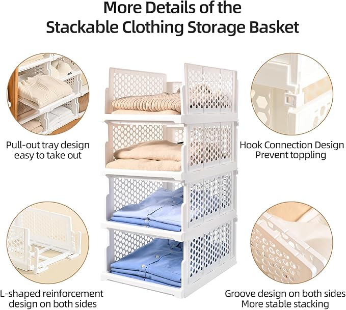Pull-out Plastic Storage Basket,Stackable Closet Organizers Drawer Anti-Tipping, Reinforced Stable Shelf Container for Bathroom Laundry Room Storage, Space-Saving Clothes Storage (white, Large-4pcs)