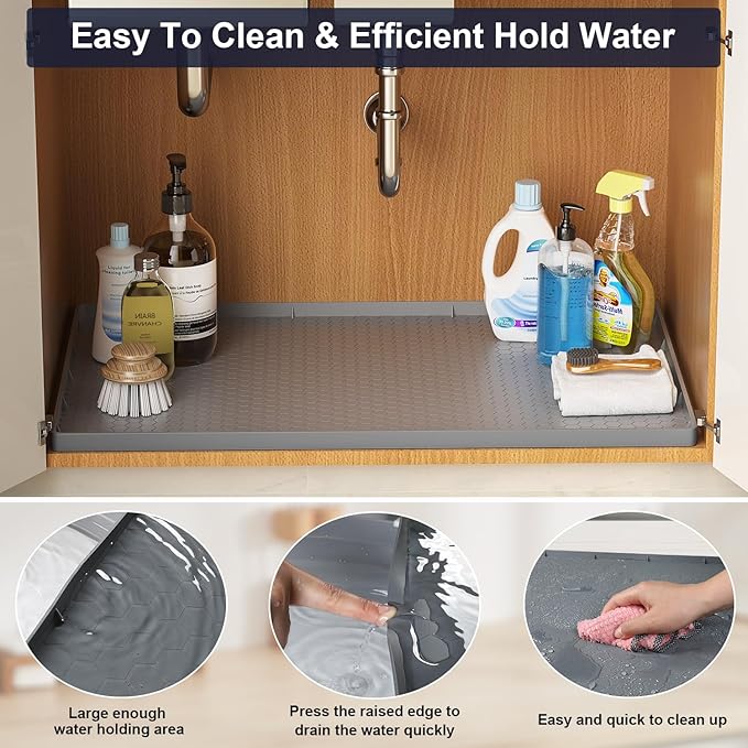 Under Sink Mat - 31" x 22" Waterproof Kitchen Cabinet Mat - Flexible Silicone Under Sink Liner - Kitchen Bathroom Cabinet Mat and Protector for Drips Leaks Spills (Gray)