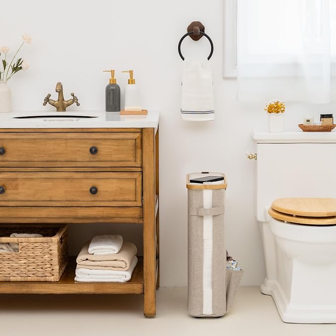 StorageWorks Toilet Paper Storage Baskets with Dual Flip Lids, Toilet Paper Organizer for Bathroom, Toilet Paper Container with Side Pocket, Holds 15 Mega or 20 Regular Rolls, Large, Light Khaki