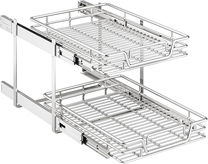 2-Tier Kitchen Cabinet Pull Out Shelf and Drawer Organizer Slide Out Pantry Storaqe Basket in Multiple Sizes (19" W x 21" D)