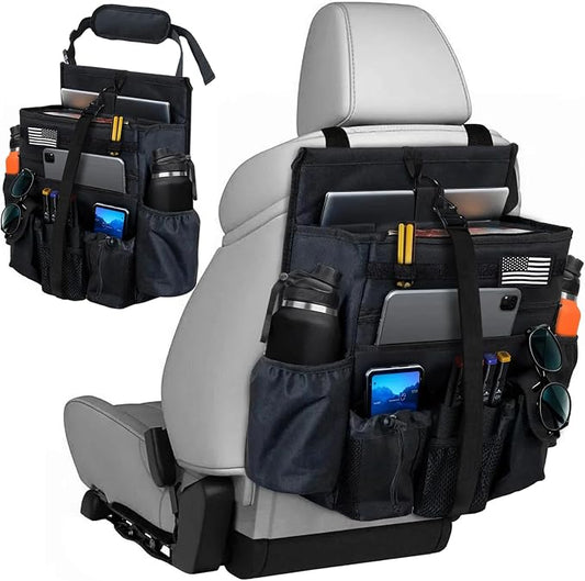 Front & Seat back organizer with dedicated tablet and 15.6 IN laptop storage stabilizers external stabilizing side straps soft adjustable shoulder straps hardened buckle (Black)