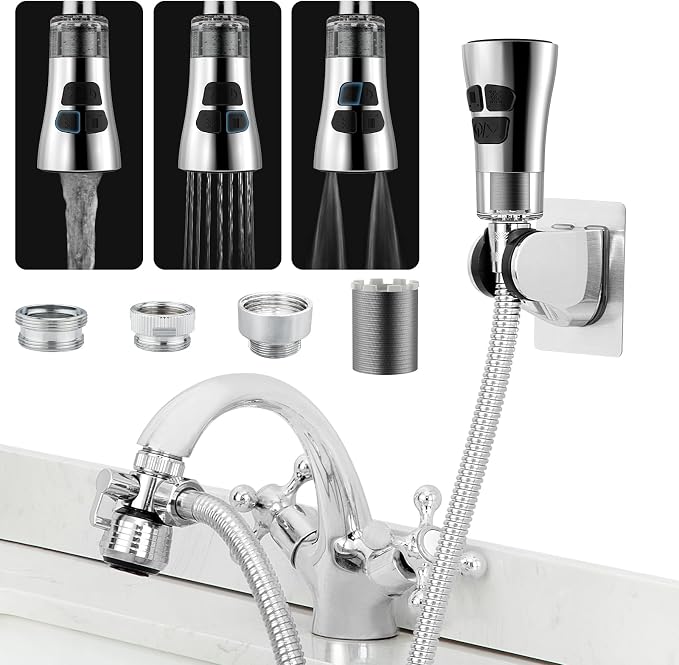 CECEFIN Kitchen Faucet Hose Attachment, 4-Mode ON/Off Sink Sprayer Head with Filter, 4.9Ft Stainless Steel Hose, Water Saving Aerator w/ 3-Way Diverter Valve for Hair Washing Laundry Room & Pet Shower