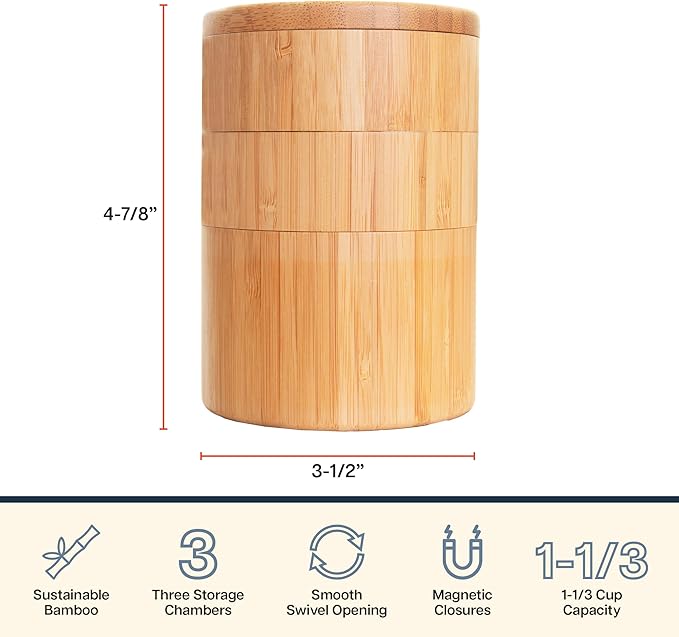 Totally Bamboo Triple Salt Cellar, 3 Tier Bamboo Salt and Pepper Container with Magnetic Swivel Lids, Seasoning Box for Herbs and Spices, 1⅓ Cup