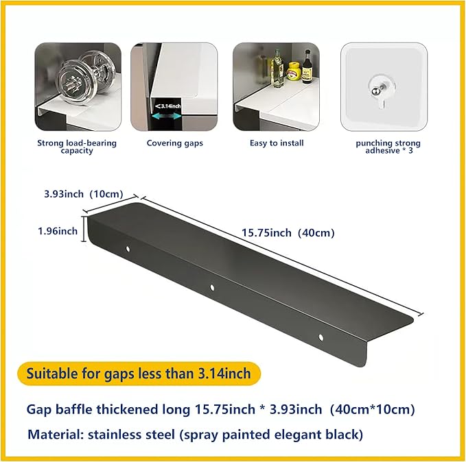 Metal Kitchen Refrigerator Gap Partition Side Panel For Crack Behind Refrigerator Kitchen Partition Panel No Drill Countertop Gap Extension Board(Black,15.75 * 3.93inch)