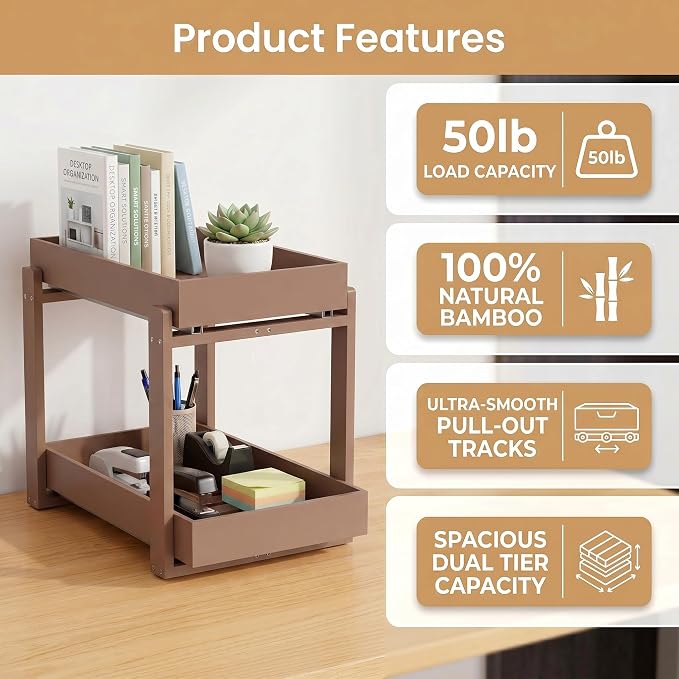 Bamboo Under Sink Storage 2 Tier Pull Out Cabinet Organizer Slide Out Under Sink Storage Shelf Undersink Organizers Shelves for Kitchen Bathroom Organization (Brown, 2 Pack)