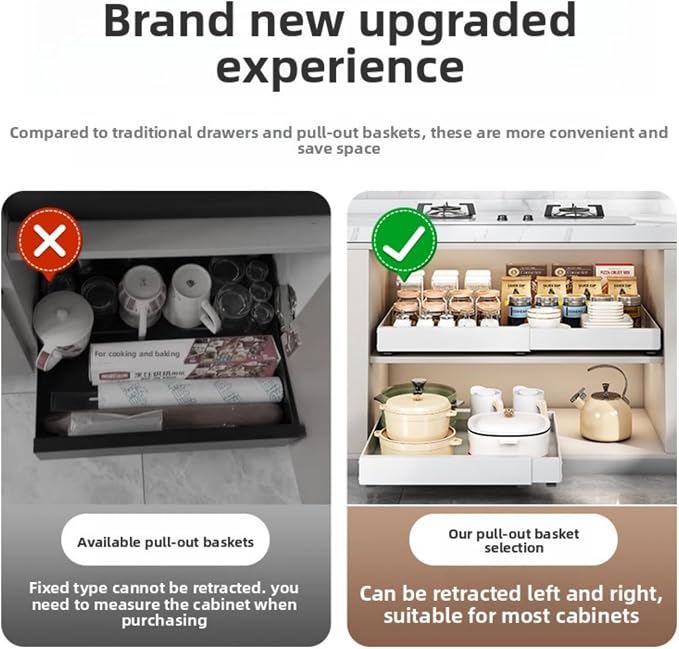 1PCS Expandable Pull Out Cabinet Organizer pots and pans organizer under cabinet Upgrade 3 Slide Rails Slide Out Drawers Roll Out Shelves Adhesive,Adjustable Width