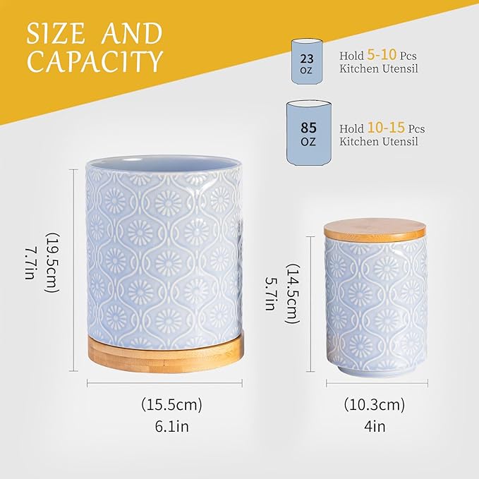 TEATALK Ceramic Utensil Holder Set, 360° Rotating Organizer for Countertop, Farmhouse Vintage Style, Large and Small Crocks in Light Blue 7.7"+5.7", Light Blue