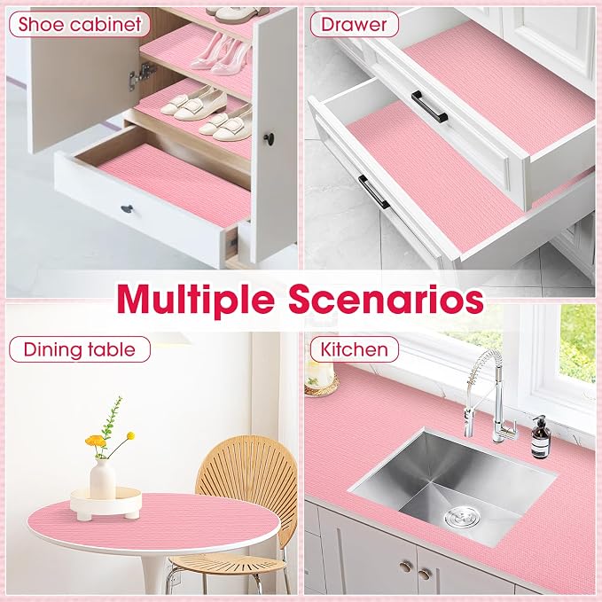 Drawer and Shelf Liner, Non-Slip Kitchen Cabinet Liners Non-Adhesive Thick Strong Grip Waterproof Washable Mats Protect Dresser Shelves Cupboard Bathroom Cabinets, Pink, 12 in X 30 FT