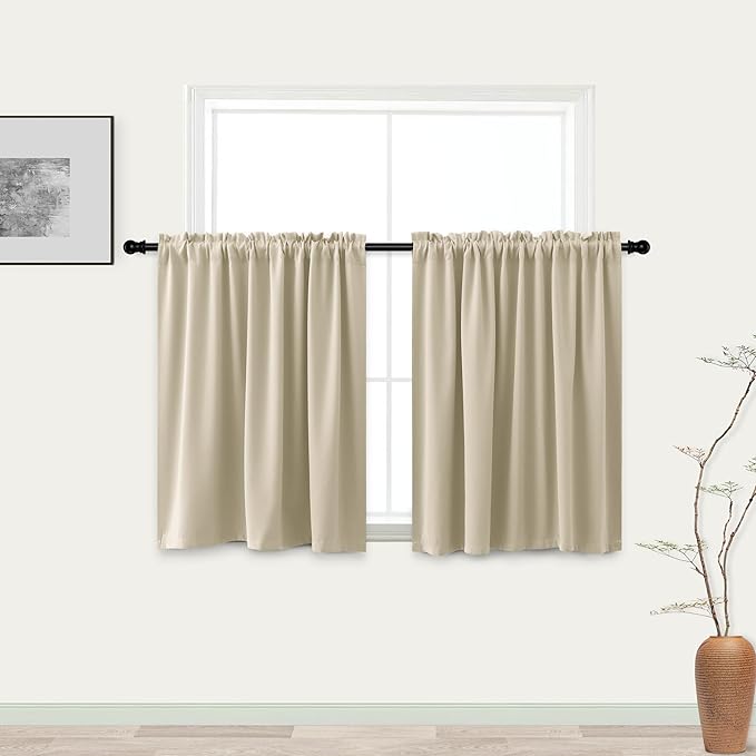 KOUFALL Rod Pocket Blackout Tier Short Curtains-Biscotti Beige-34x30
