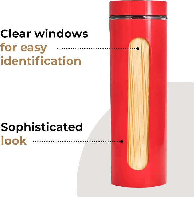 JS Gourmet 4 Pcs Stainless Steel Canisters Set for Kitchen with Glass Window and Airtight Lid, Perfect for Storing Coffee, Spaghetti, Sugar, Beans and Dry Ingredients (Red)