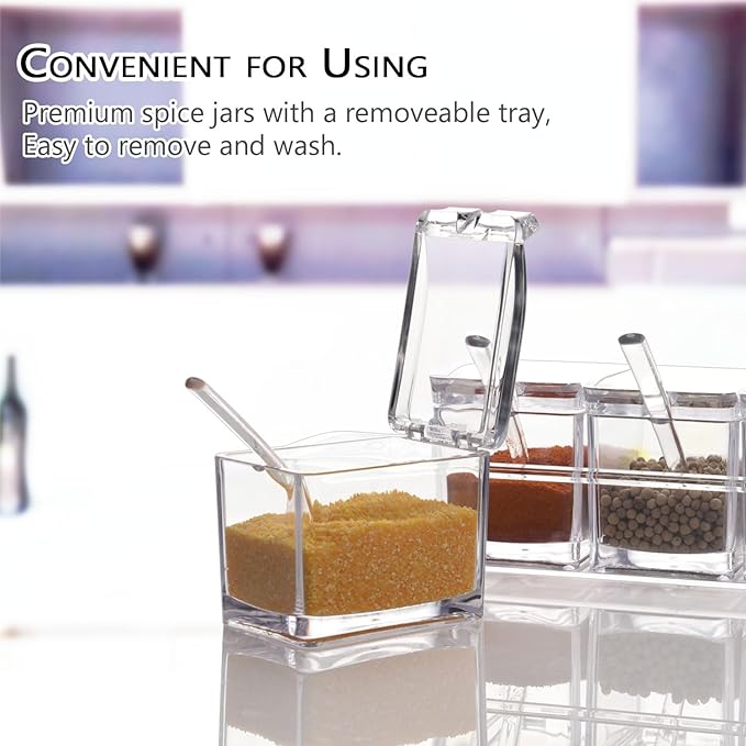 V·RESOURCING Clear Seasoning Box, 3 Pieces Seasoning Rack Spice Pots Storage Container for Spice Salt Sugar Cruet Liquid,Condiment Jars with 3 Spoons