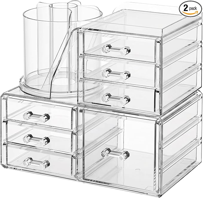 ShineMe Make Up Organizers for Vanity, 2 Tier Acrylic Stackable Cosmetic Organizer with Rotating Makeup Brush Holder & 7 Drawers, Clear Hair Accessory Organizer Countertop for Dresser, Bathroom