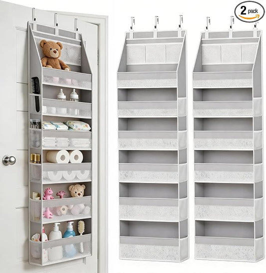 KMSCO Over The Door Organizer, 6 Large Pockets + 13 Mesh Side Pockets, Hanging Storage, 55lbs Capacity, Heavy Duty Non-Woven Fabric for Baby Nursery, Bathroom, Pantry, Closet, Grey, 2 Pack
