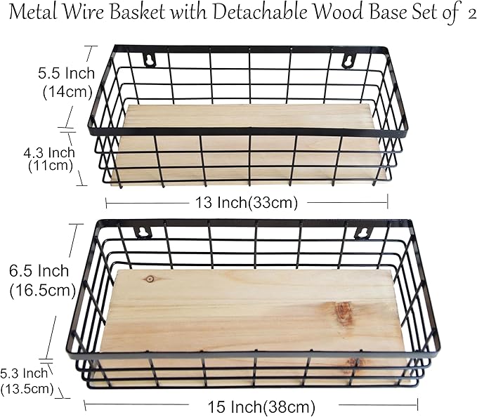 ShabbyDecor Metal Wire Basket Detachable Wood Base Storage Organizer Farmhouse Hanging Basket for Kitchen Cabinets, Bathroom, Pantry, Laundry Room Set of 2,Black Color