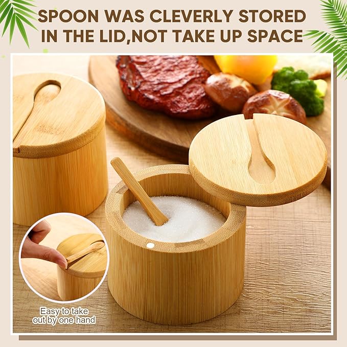 Honeydak 12 Pcs 6oz Bamboo Salt Cellar Salt Container with Magnetic Swivel Lid & Spoon Bamboo Storage Box Kitchen Holder Jar to Storage Pepper Spice Sea Sugar for Countertop (1 Compartment)